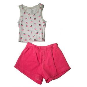 NEW FLOWERS BY ZOE girl's cherry top and short set in white/neon pink